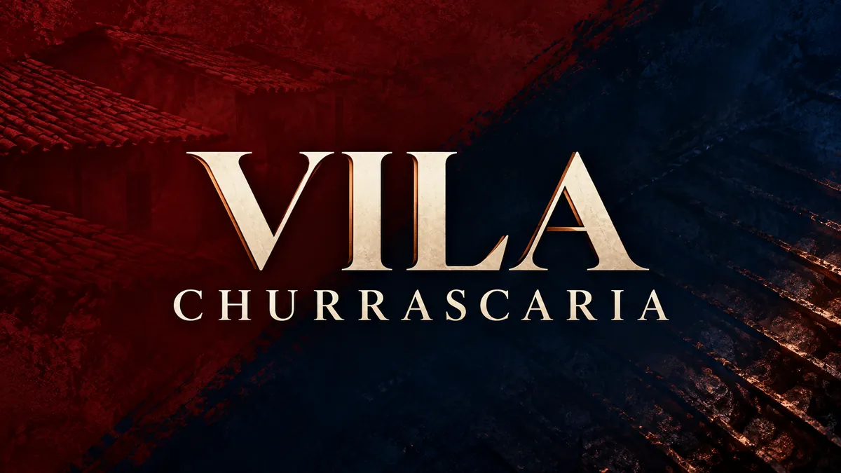 Nome Vila Churrascaria em letras claras sobre fundo vinho e azul-marinho